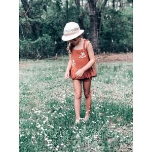 Lost In The Meadow Embroidered Soft Knit Peplum Romper Playsuit 2T/3T